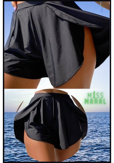 Missmaral Kadın Beyaz Deniz Havuz Şortu Etek Görünümlü Yırtmaçlı Şık Model İçte Bikini Slip 1107 Siyah
