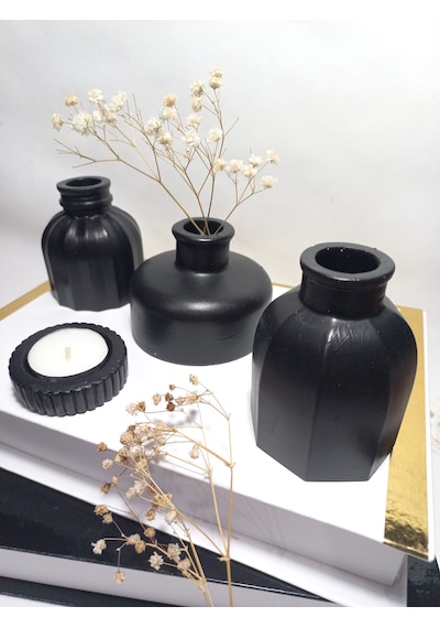 Modern Minimal Vazo Set 3'lü, Ev & Ofis Hediyelik, Dekoratif Obje, Siyah