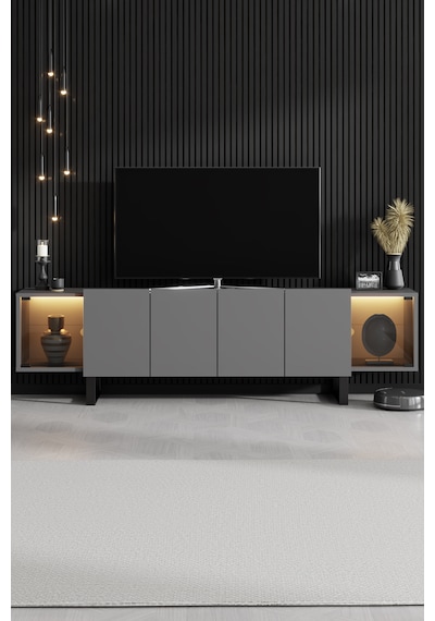 Zenit Siyah Demir Ayaklı Rgb Led Işık Sistemli Antrasit Tv Ünitesi Tv Sehpası Antrasit
