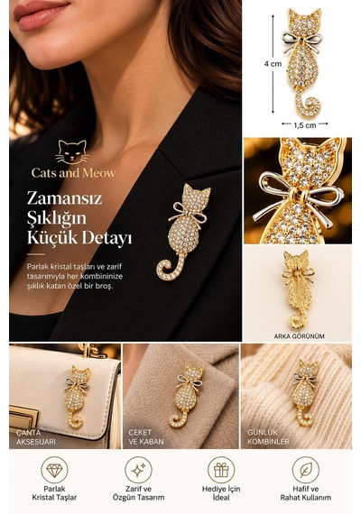 Cats & Meow Kedi Figürlü Kristal Taşlı Altın Renk Kadın Broş