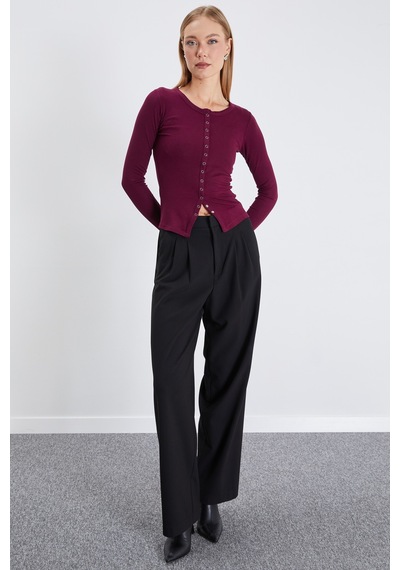 Fullamoda Önü Çıtçıtlı Ribanalı Slim Fit Bluz Mürdüm