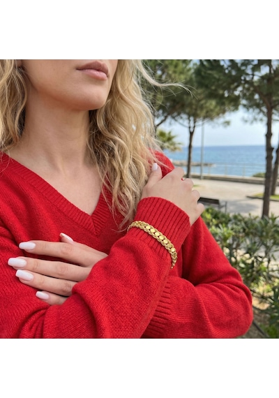 Ferizz 22 Ayar Altın Kaplama Oval - Dizel Zincir Unisex Bileklik Altın