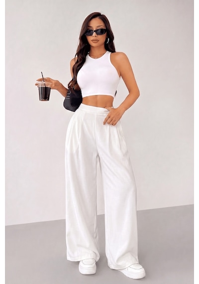 Genius Store Kadın Pantolon Scuba Krep Kumaş Beli Lastikli Cepli Pileli Geniş Paça Palazzo Pantolon Scuba-crep Beyaz