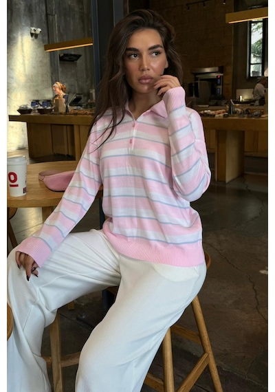 Madmext Pembe Çizgili Polo Yaka Düğmeli Kadın Kazak Mg2561 Pembe