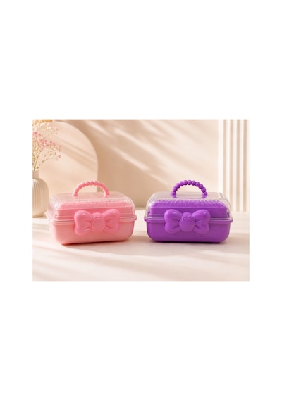 Çocuk Takı Ve Toka Organizeri Otomatik Açılır Katlı Düzenleyici Kutu 27x15x15 Cm Pembe Taşınabilir Çok Bölmeli Saklama Çantası Mor