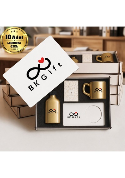 Logonuza Özel 10 Adet Kutulu Ahşap Altlıklı Gold Fincan & Kolonya & & Aromalı Kahve Seti Ahşap Kutulu Kurumsal Hediye Seti