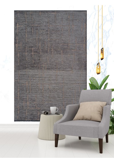 Modern Desenli Yıkanabilir Şönil Dokuma Saçaklı Kaymaz Taban Salon Mutfak Halı Kilim Antrasit