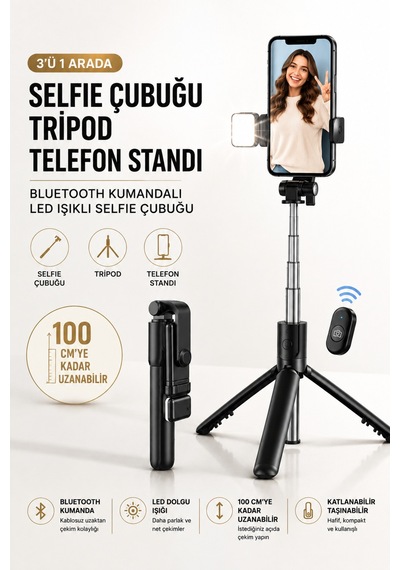 Concord 100 Cm Bluetooth Kumandalı Led Işıklı Selfie Çubuğu 3'ü 1 Arada Telefon Tripod Vlog Standı
