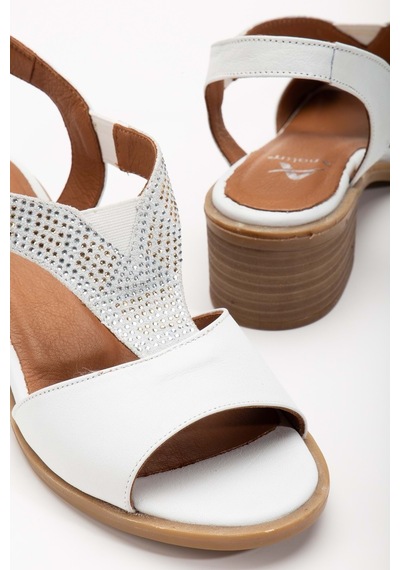 Analin Shoes Kadın Hakiki Deri Lastikli Rahat Taşlı Sandalet Kot Mavi Beyaz