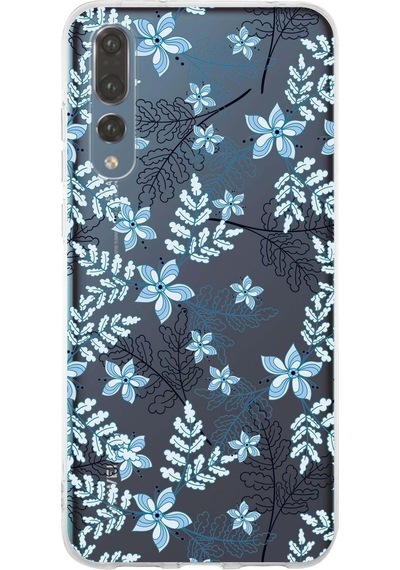 Huawei P20 Pro Uyumlu Kapak Floral Mavi Tasarımlı Şeffaf Silikon Kılıf