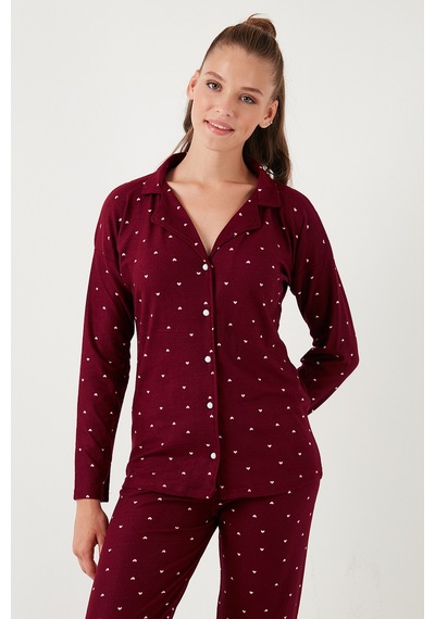 Lela Streç Standart Fit Düğmeli Bayan Pijama Takımı 60956601 Bordo