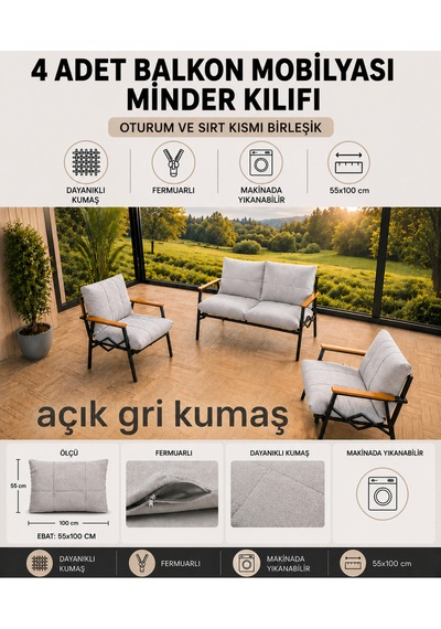 Doruk Home Doruk Açık Gri Balkon Mobilyası Minder Kılıfı 55x100cm 4 Oturumlu Minder Kılıfı