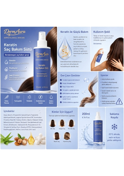 Dermaura Keratin Saç Bakım Sütü Durulanmayan Sprey 200 Ml Keratin & Panthenol Içerikli Kolay Tarama Etkili