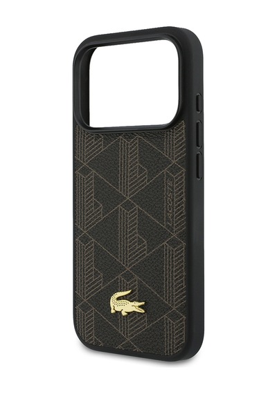 Apple Uyumlu iPhone 17 Pro Max Kılıf Lacoste Lisanslı M-safeli Pu Deri Kartlıklı Karışık Monogram Desenli Kahve Kahverengi