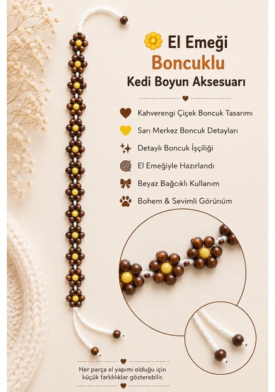 Yapımı Boncuklu Kedi Boyun Aksesuarı Kahverengi Çiçekli Sarı Boncuklu Beyaz Bağcıklı Kedi Tasması