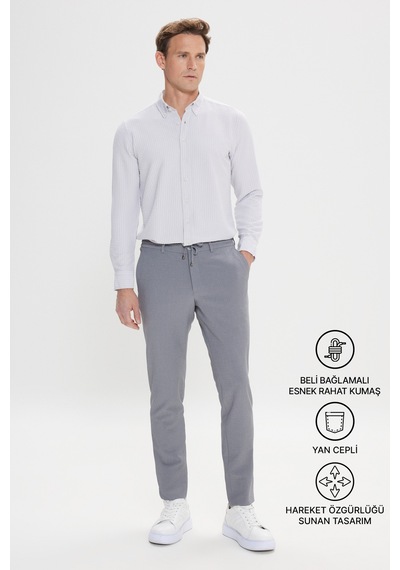 AC&Co / Altınyıldız Classics Erkek Grı Slim Fit Dar Kesim Beli Bağlamalı Yan Cep Gofre Desenli Pantolon Gri