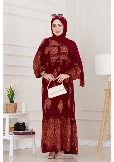 Sevitli Yarım Düğmeli Robalı Hira Elbise-bordo-4935