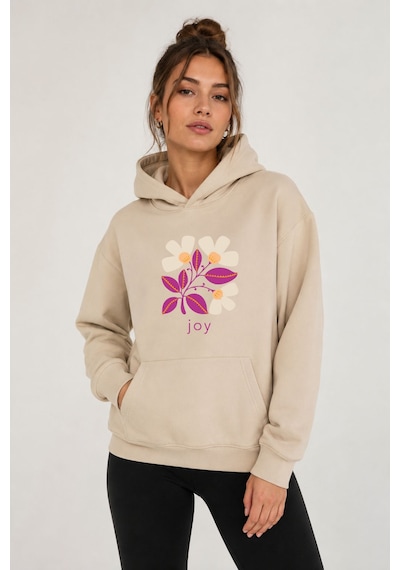 Herkesemoda Joy Çiçek Baskılı Kapüşonlu 2 İplik Şardonlu Sweatshirt Bej