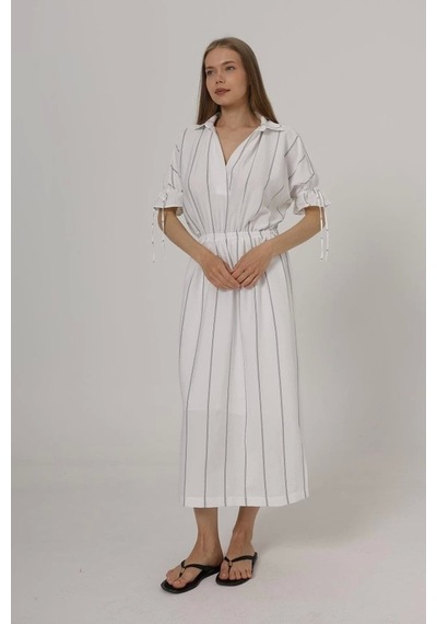 Defymoda Beli Lastikli Elbise - Beyaz Beyaz