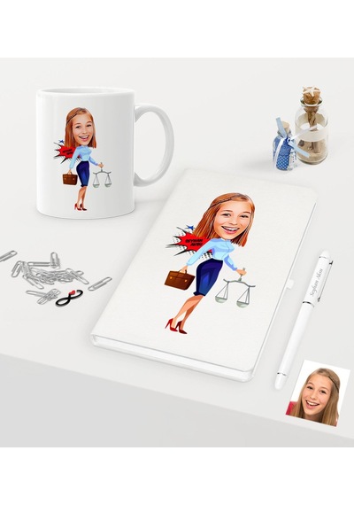 Kişiye Özel Bayan Avukat Karikatürlü Beyaz Defter Kalem Kupa Seti N11.65