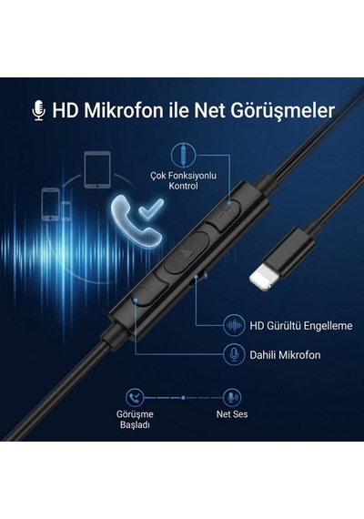 Dijital Mikrofonlu Kablolu Kulaklık Lightning Bağlantılı İphone & İpad Uyumlu Stereo Kulakiçi Kulaklık