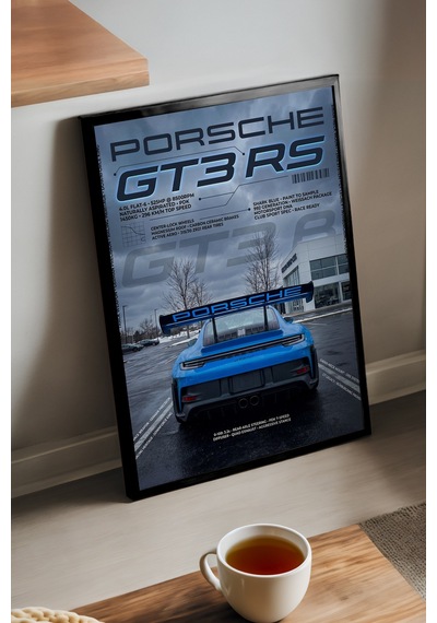 Porsche Gt3 Rs Siyah Ahşap Çerçeveli Poster, Dekoratif Araba Duvar Tablosu
