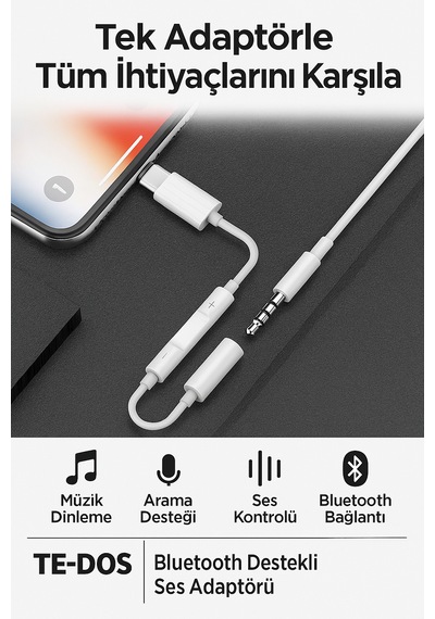 Apple Uyumlu iPhone iPad  8 Pin Lightning Aux Çevirici - 3.5 Mm Kablodan Kontrollü Jack Kulaklık Adaptörü 1 Adet