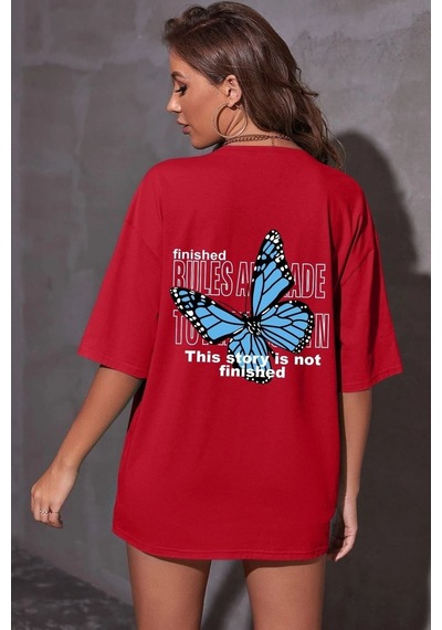 Unisex Kelebek Baskılı Tasarım Tshirt Kırmızı