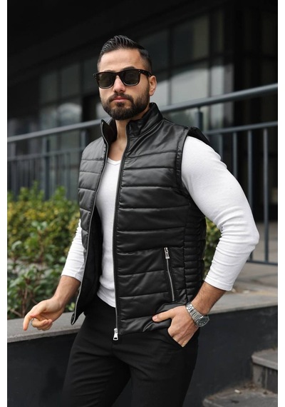 Basic Slim Fit Deri Yelek Siyah