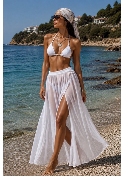 Na Addesıgn İfon Derin Yırtmaçlı Plaj Eteği Siyah Beyaz Renk Seçeneği İle Pareo Etek