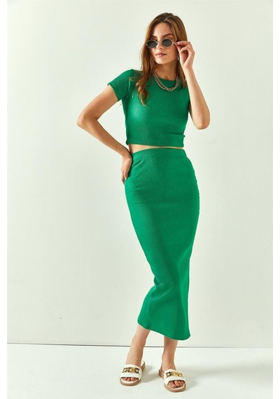 Trend Alisse Kadın Mint Yeşili Yazlık Yırtmaçlı Esnek Etek Crop Takım