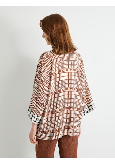 Koton Oversize Kimono Viskon Keten Karışımlı Yarım Kollu Cepli Kahverengi Desenli 4sak50025ew Kahverengi