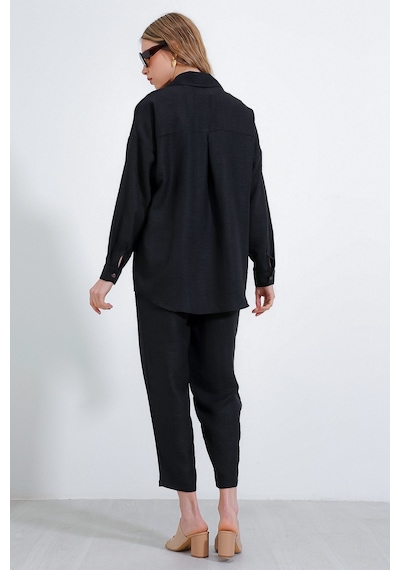 Bigdart Kadın Siyah Oversize Keten Alt Üst Takım 6622 6622bgd19-001-14413 001