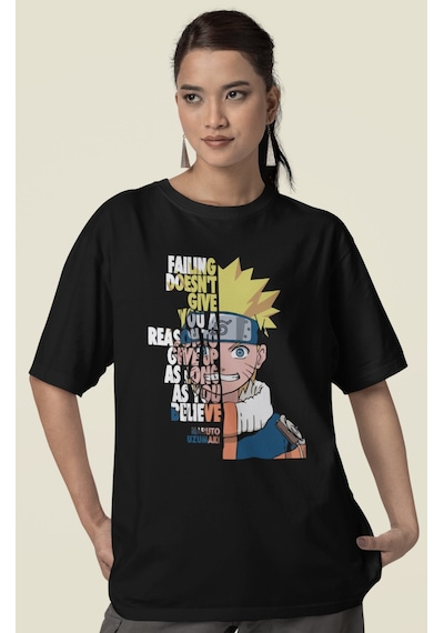 Özel Tasarım Naruto Uzumaki Baskılı Unisex Oversize Anime Dizi Ka Siyah