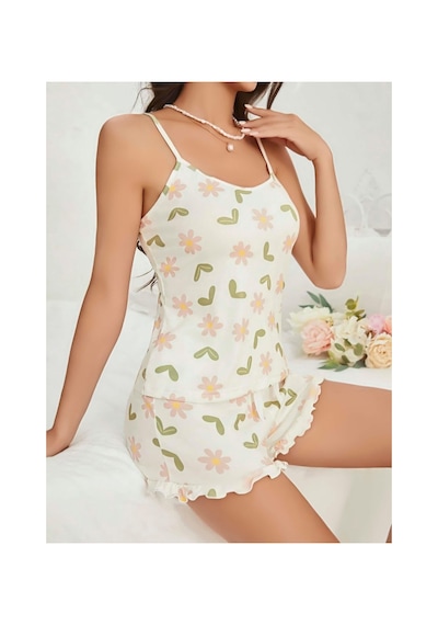 Mr Owl Kadın Ekru Çiçek Baskılı Şortlu Pijama Takımı