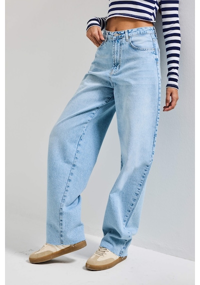 Itsbasic Kadın Ice Renk 4s6-27 Regular Fit Yüksek Bel %100 Koton Rahat Kesim Denim Jean Buz Mavi