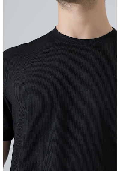 Erkek Fitilli Slim Fit Bisiklet Yaka Düz Renk T-shirt Siyah