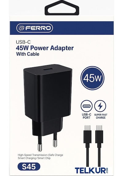 Ferro S45 Siyah 45w Usb-c Çıkışlı Süper Hızlı Şarj Adaptör Başlık - Typec & Typec 1m Kablo Seti