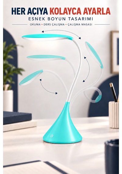 Dokunmatik Led Masa Lambası Dimmerli Esnek Akrobatik Kitap Okuma Ders Çalışma Pilli & Usb Kablolu Kullanım Mavi