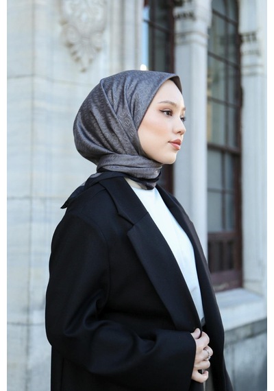 Eşarp - Premium Lux Original Monogram Eşarp İpek Vual, Yüksek Kalite, Hafif, Rahat, Şık, Scarf Füme Gri Şeritli