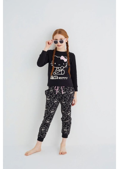 Hello Kitty Kız Çocuk Siyah Kız Uzun Kol Pamuklu Pijama Takımı Renklı