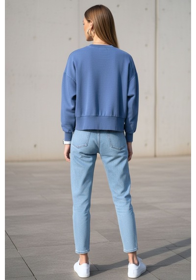 Kadın Mavi Bisiklet Yaka Pamuklu Uzun Kollu Rahat Kesim Sweatshirt - Kadın Sweatshirt Mavi