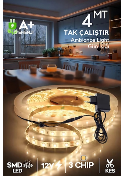 Şerit Led 4 Metre Gün Işığı 3 Çipli Aydınlatma Mutfak Salon Yatak Odası Led Işık