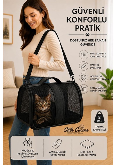 Tr Fileli Kedi Ve Köpek Taşıma Çantası, Katlanabilir, 8 Kg, 42x25x28 Cm Siyah