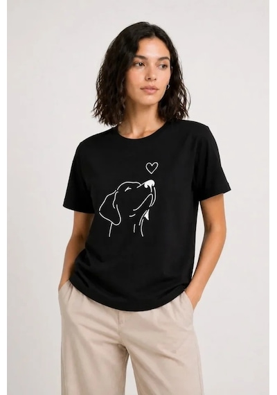 Defymoda Köpek Figürlü Minimal Baskılı Tişört Kısa Kol Yazlık T-shirt - Siyah