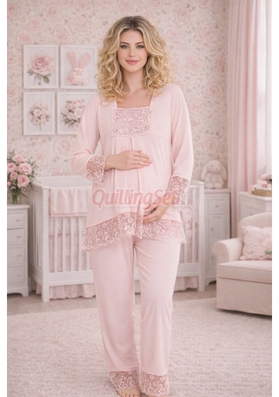 Lady Bebe Pembe Renkli Dantel Detaylı, 33203 Uzun Kol, 2 Parça Lohusa Hamile Pijama Takımı Açık Pembe
