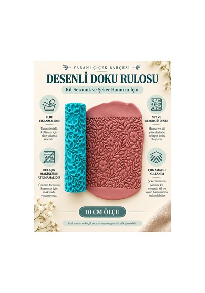 Yabani Çiçek Bahçesi Desenli Doku Rulosu 10 Cm Kil, Seramik Ve Şeker Hamuru Merdanesi