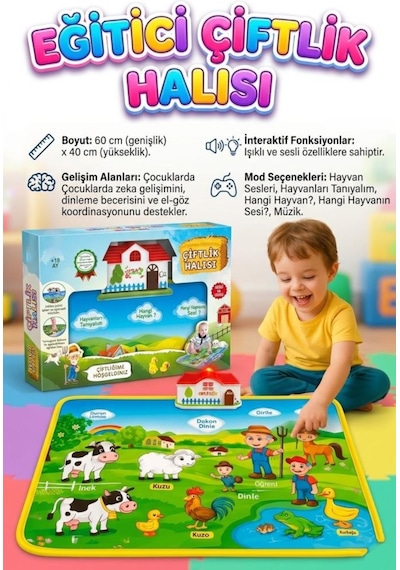 Eğitici Çiftlik Halısı - Sesli ve Işıklı Dokunmatik Bebek Aktivite Oyun Matı 48x60 CM
