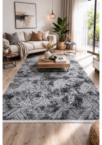 Modena İskandinav Yıkanabilir Şönil Kilim Saçaklı, Kaymaz Tabanlı Koridor Salon Oturma Çocuk Odası Halısı Antrasit
