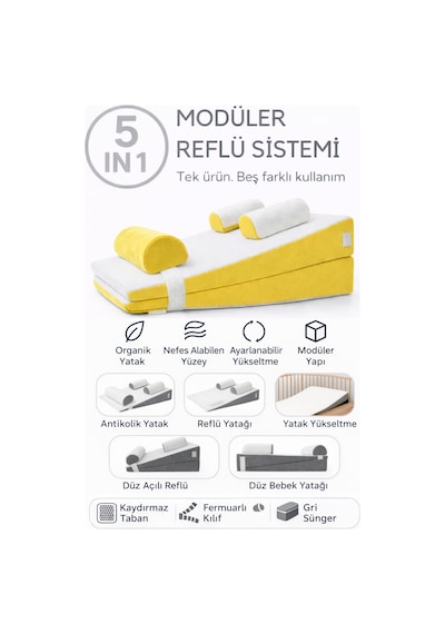 Dizanor 5 in 1 Modüler Bebek Eğimli Destek Yatağı Antikolik - Düz Yatış - 30 Açılı Eğimli Destek Yatağı Sarı